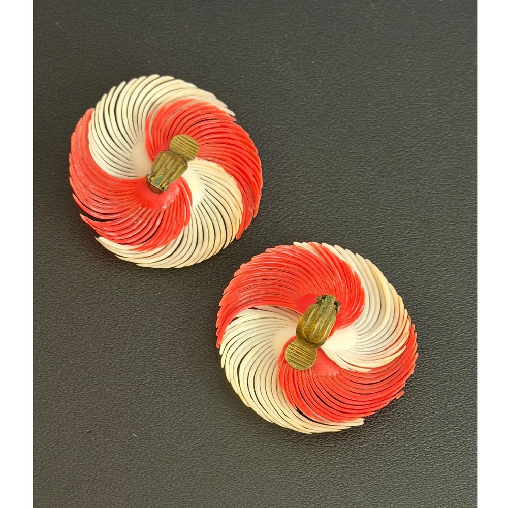 Vintage GERMANY Earrings Clip Ons Resin Red Cream Aurora Borealis Rhinestone - Picture 6 of 11
